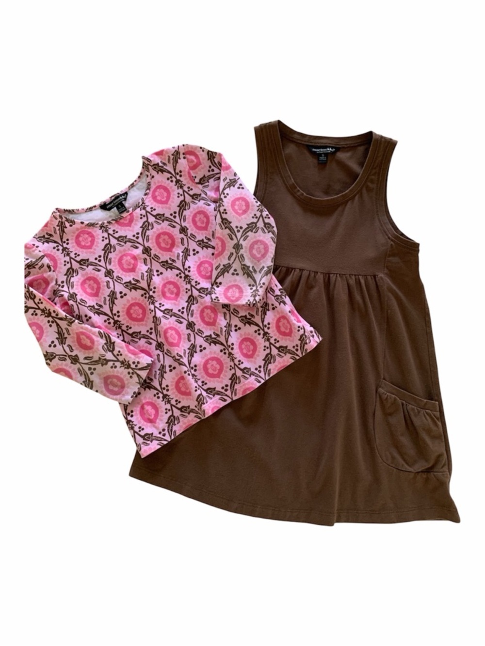 Marimekko Sweet Potatoes Shirt Set Girls Small Brown Pink 3/4 Sleeve Tunic Tan